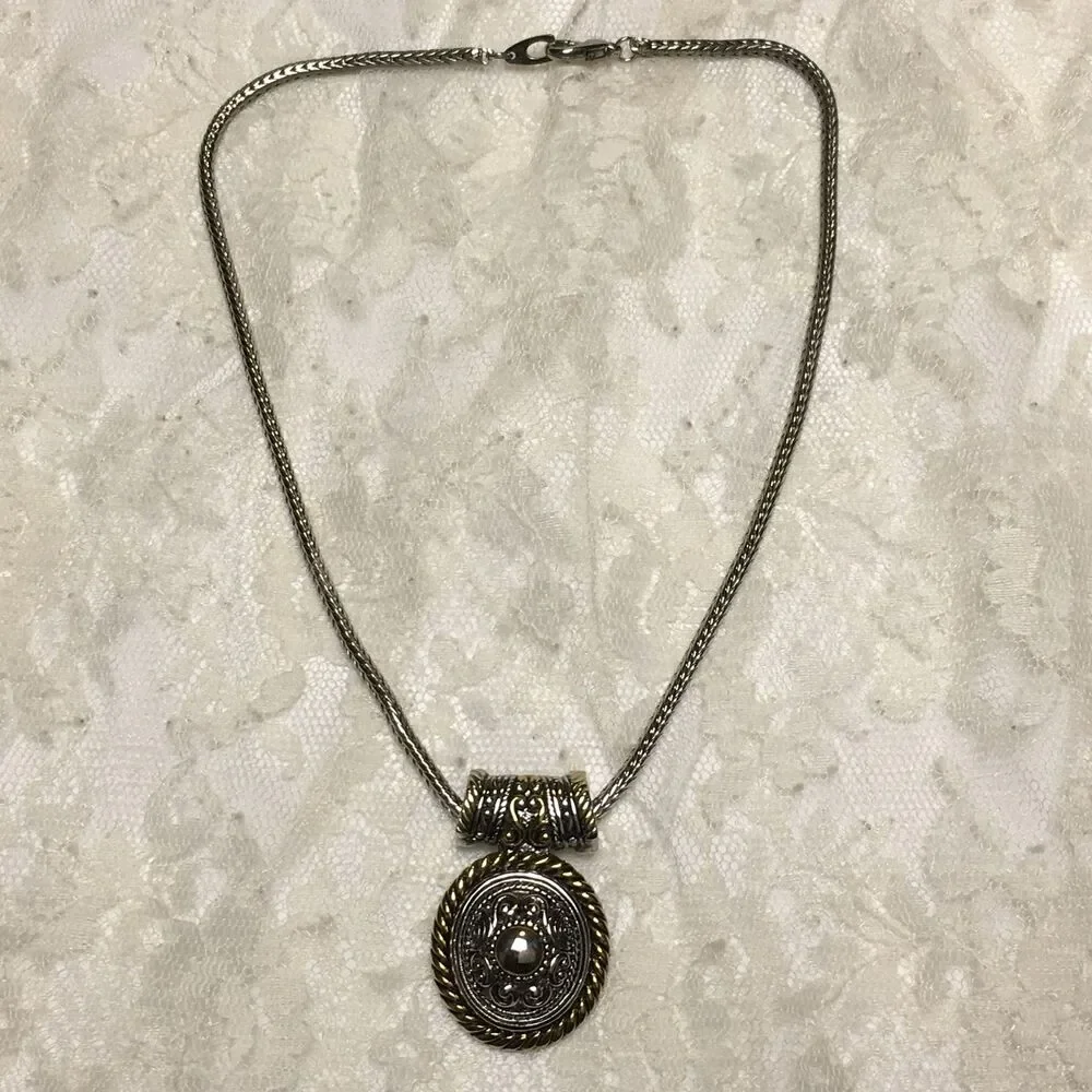 Vintage Silver Gold Tone Mix Necklace Ornate Medallion Woven Style Chain